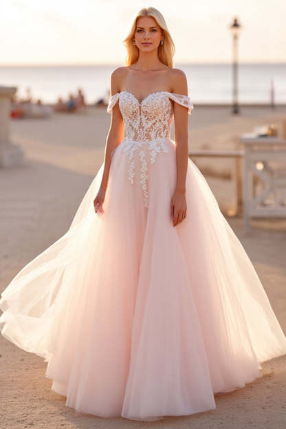 Tulle Off the Shoulder Ball Gown Blush Wedding Dress with Appliques