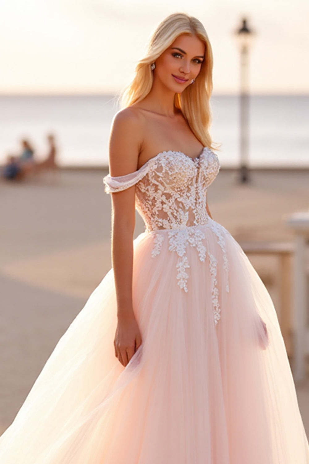 Tulle Off the Shoulder Ball Gown Blush Wedding Dress with Appliques