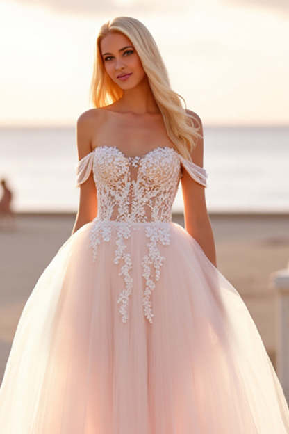Tulle Off the Shoulder Ball Gown Blush Wedding Dress with Appliques