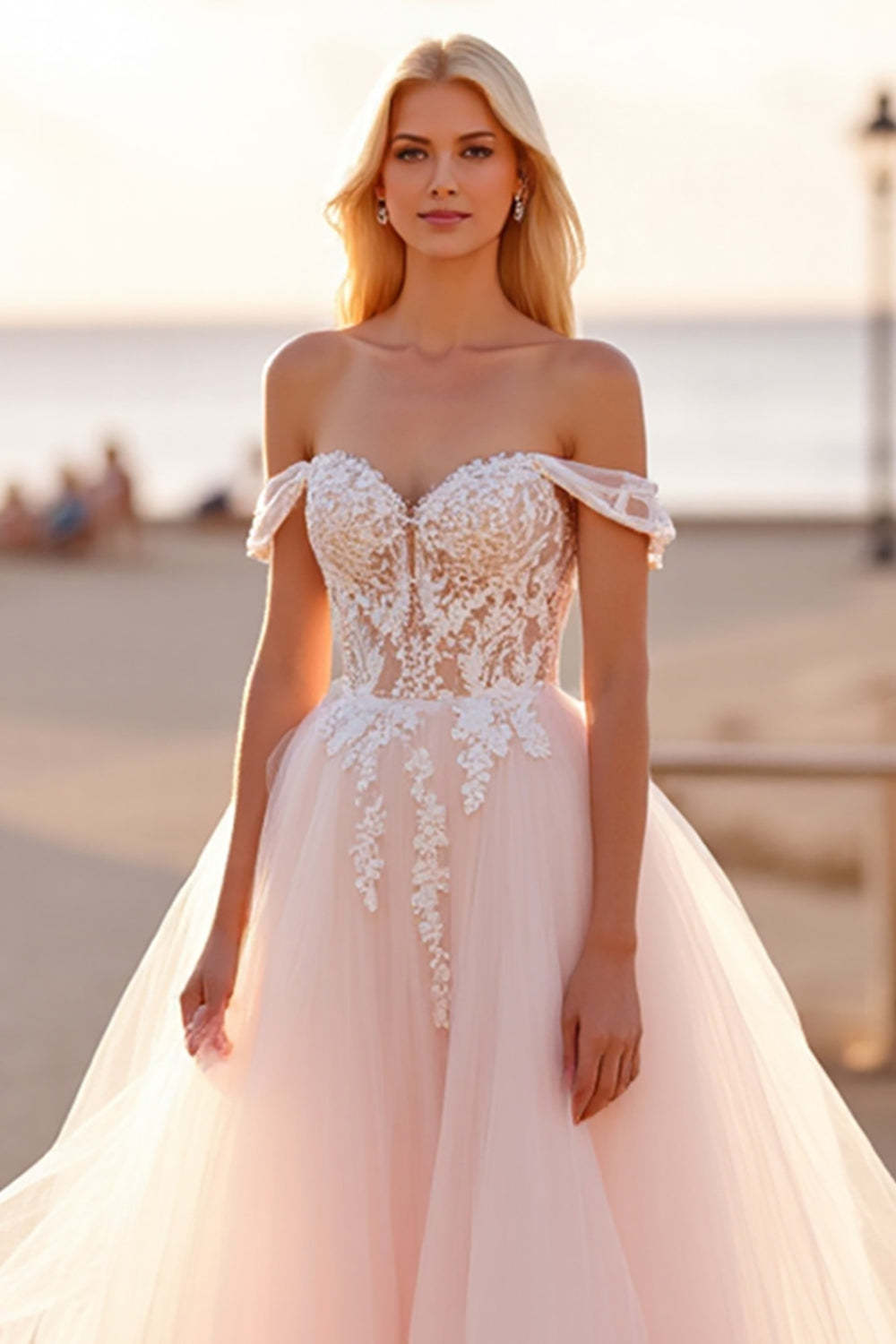 Tulle Off the Shoulder Ball Gown Blush Wedding Dress with Appliques
