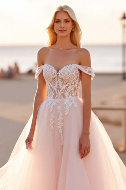 Tulle Off the Shoulder Ball Gown Blush Wedding Dress with Appliques