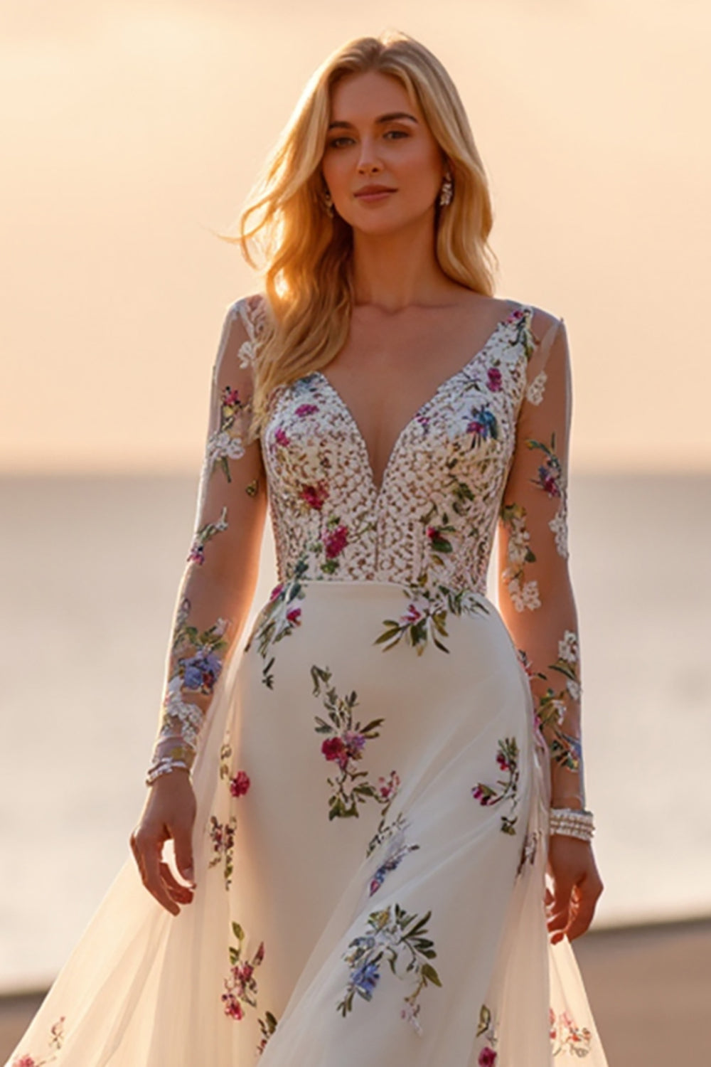Floral White Long Sleeves Deep V-Neck Wedding Dress