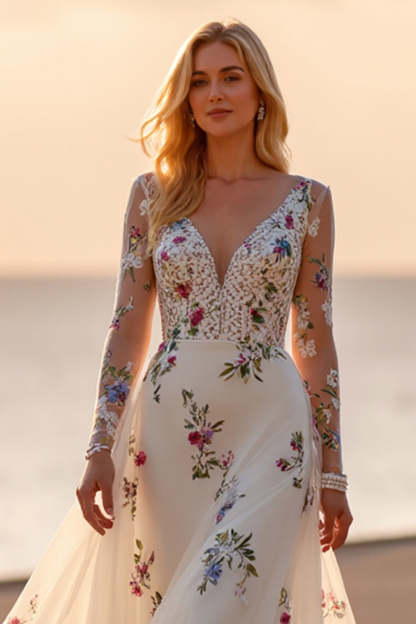 Floral White Long Sleeves Deep V-Neck Wedding Dress