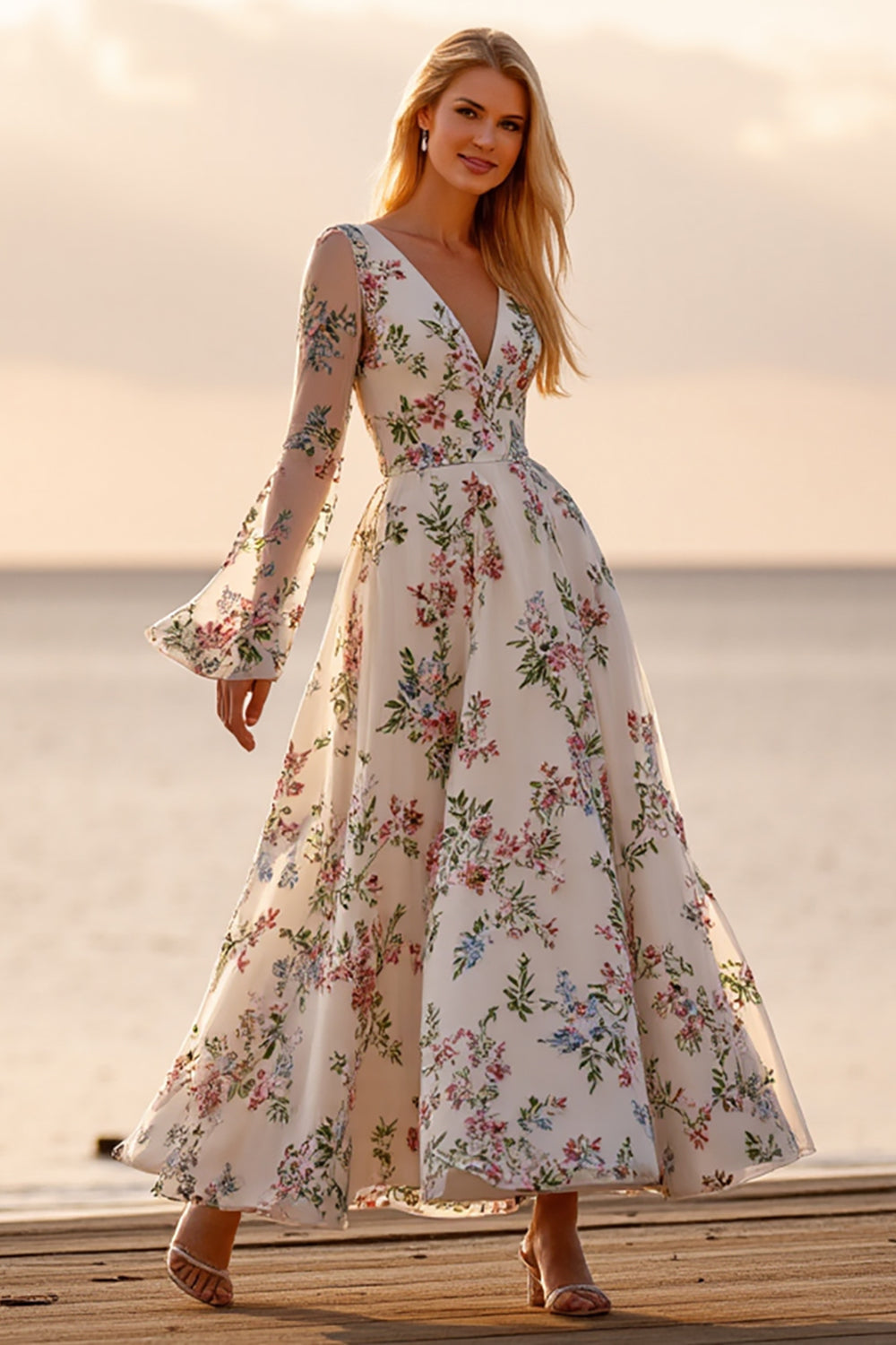 Long Sleeves White V-Neck Floral Ankle Length Wedding Dress