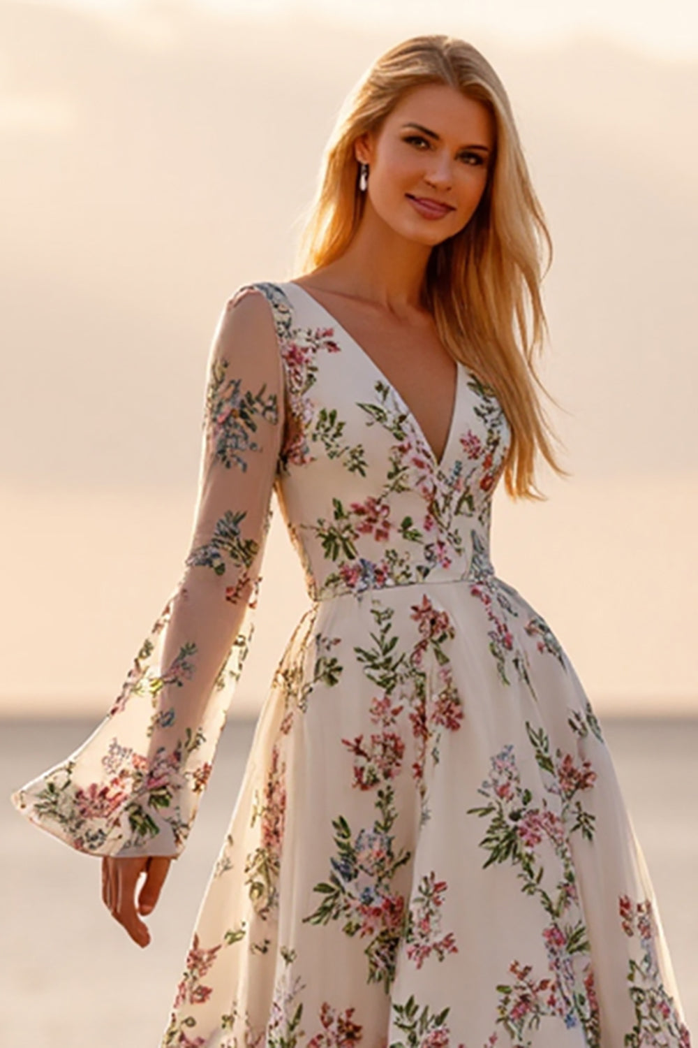 Long Sleeves White V-Neck Floral Ankle Length Wedding Dress