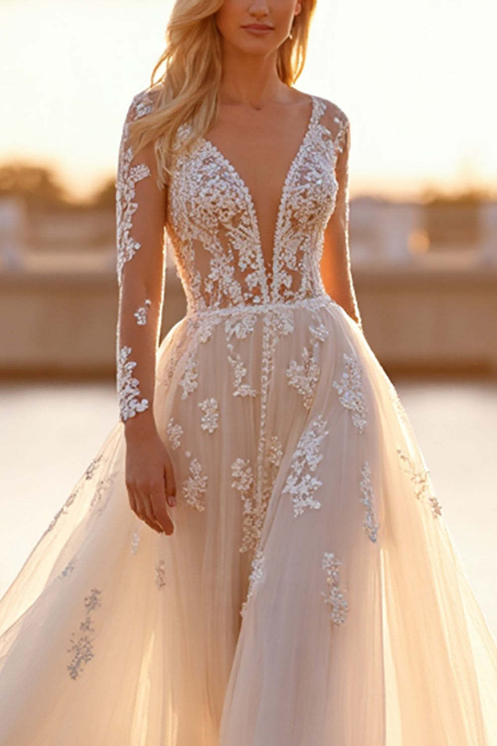Tulle White Deep V-Neck Long Sleeves Wedding Dress with Appliques