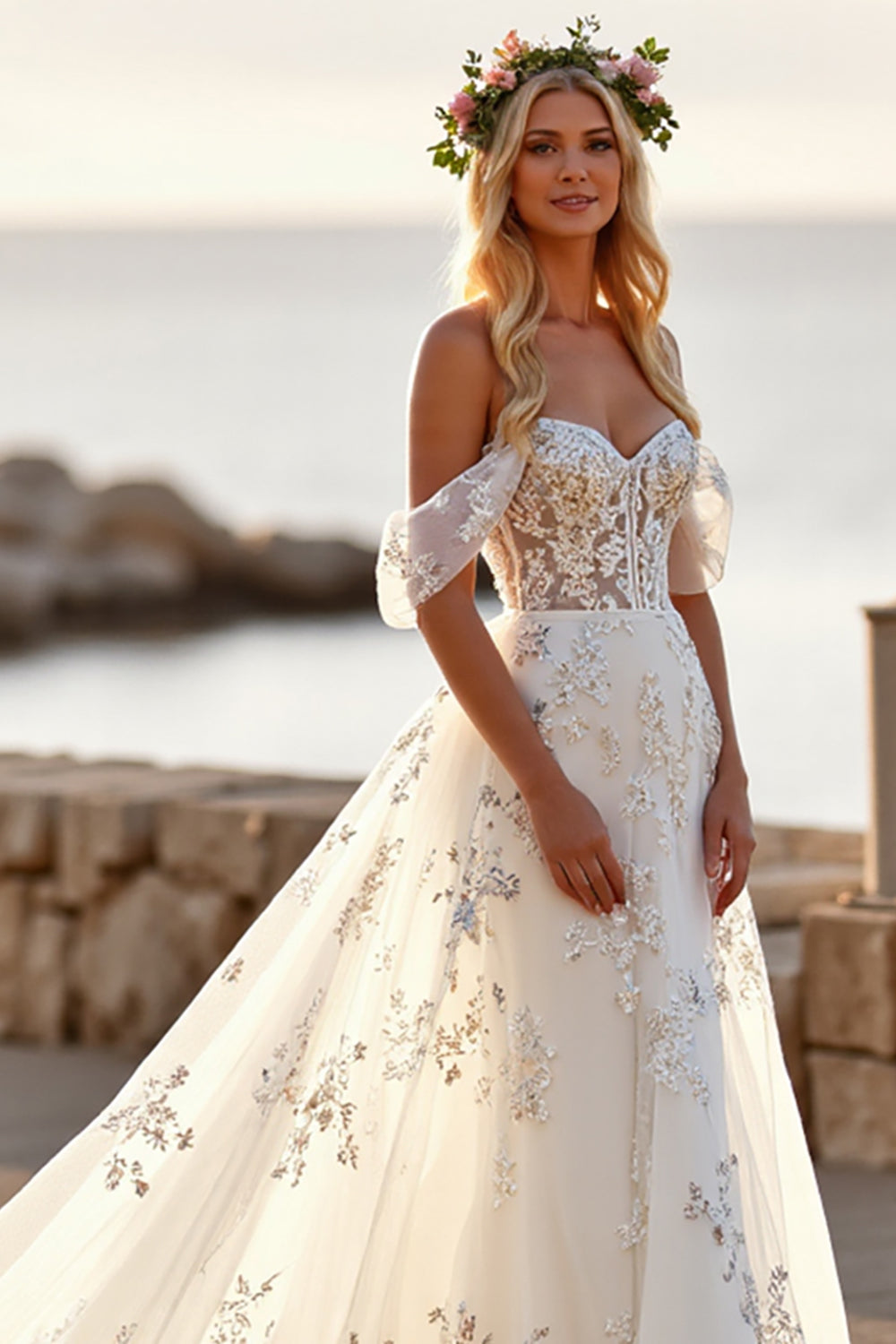 Off the Shoulder Tulle White Sweep Train Wedding Dress with Appliques