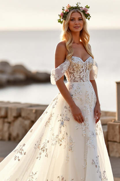 Off the Shoulder Tulle White Sweep Train Wedding Dress with Appliques