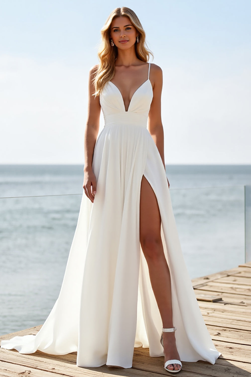 White Deep V-Neck Sweep Train Boho Wedding Dress with Slit