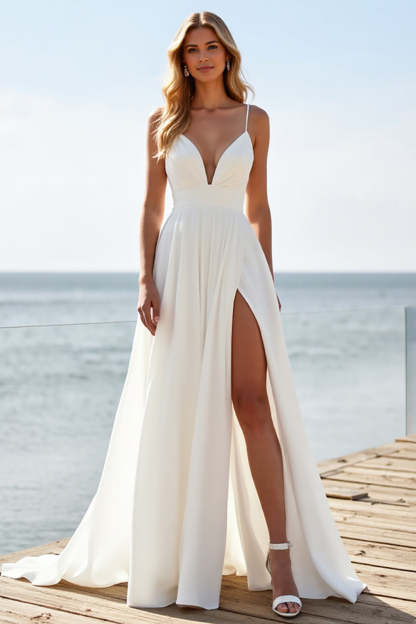 White Deep V-Neck Sweep Train Boho Wedding Dress with Slit