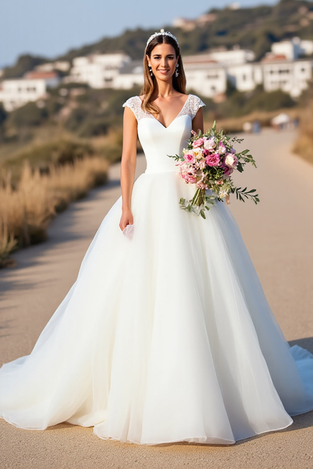 White V-Neck Ball Gown Sweep Train Wedding Dress with Lace