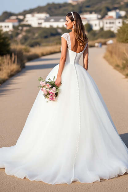White V-Neck Ball Gown Sweep Train Wedding Dress with Lace