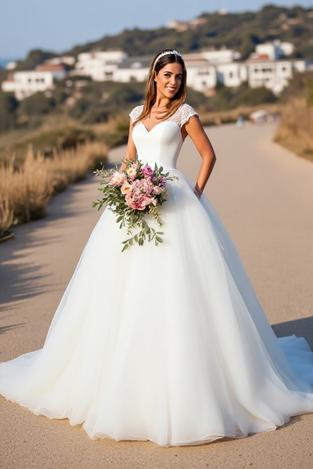White V-Neck Ball Gown Sweep Train Wedding Dress with Lace