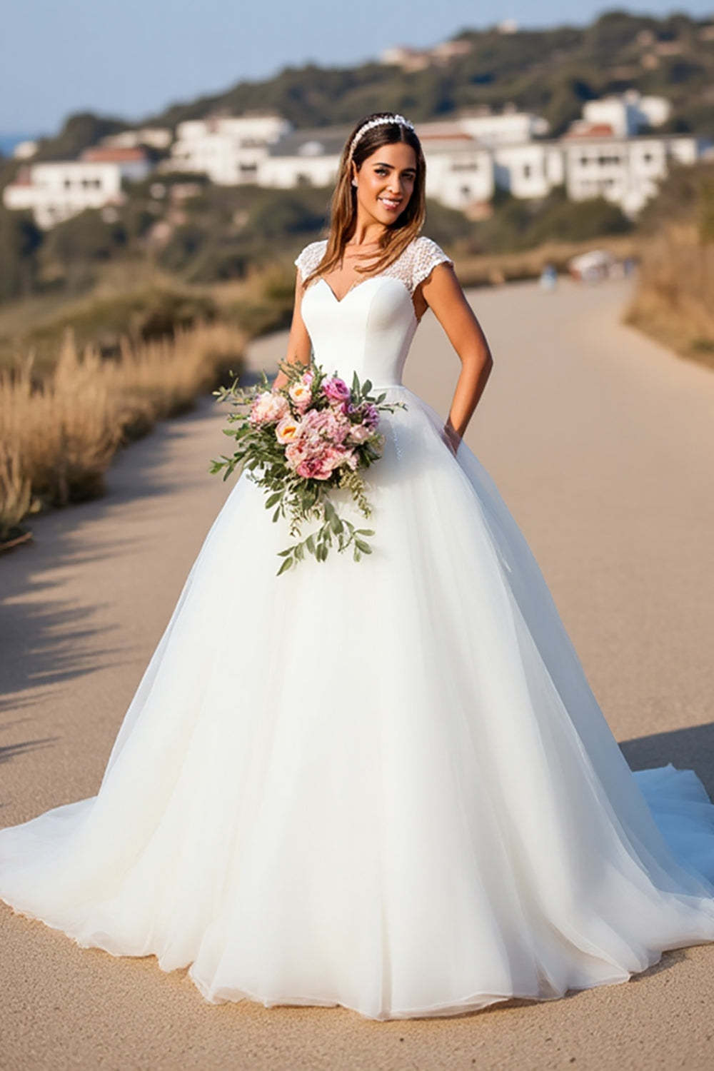 White V-Neck Ball Gown Sweep Train Wedding Dress with Lace