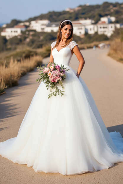 White V-Neck Ball Gown Sweep Train Wedding Dress with Lace