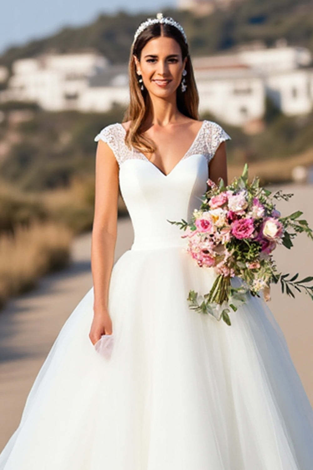 White V-Neck Ball Gown Sweep Train Wedding Dress with Lace