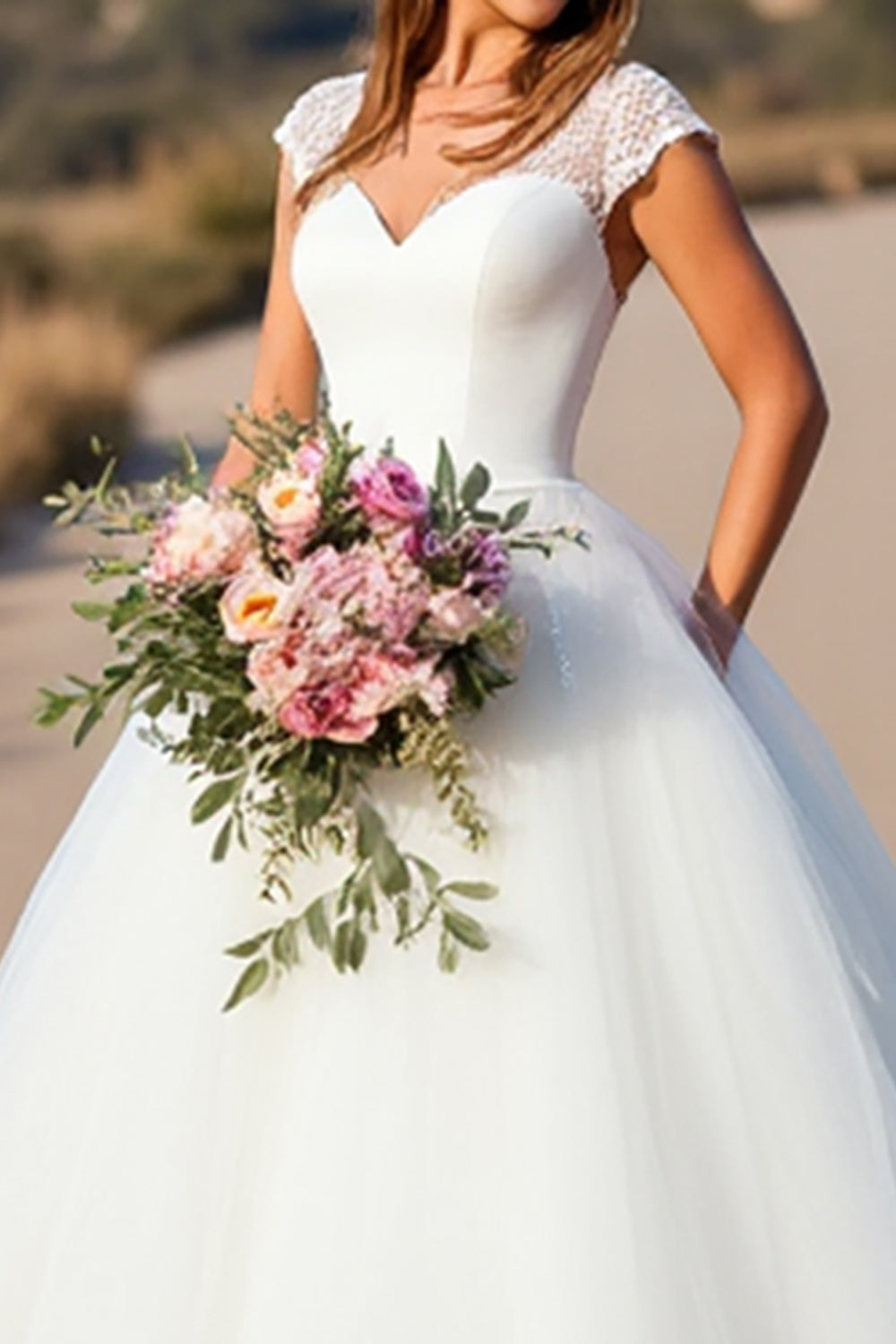 White V-Neck Ball Gown Sweep Train Wedding Dress with Lace