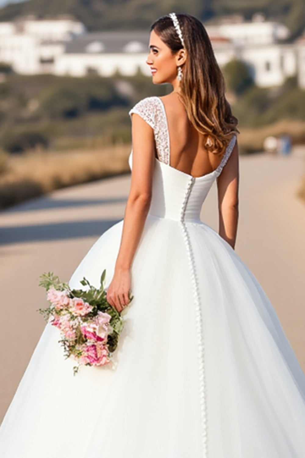 White V-Neck Ball Gown Sweep Train Wedding Dress with Lace