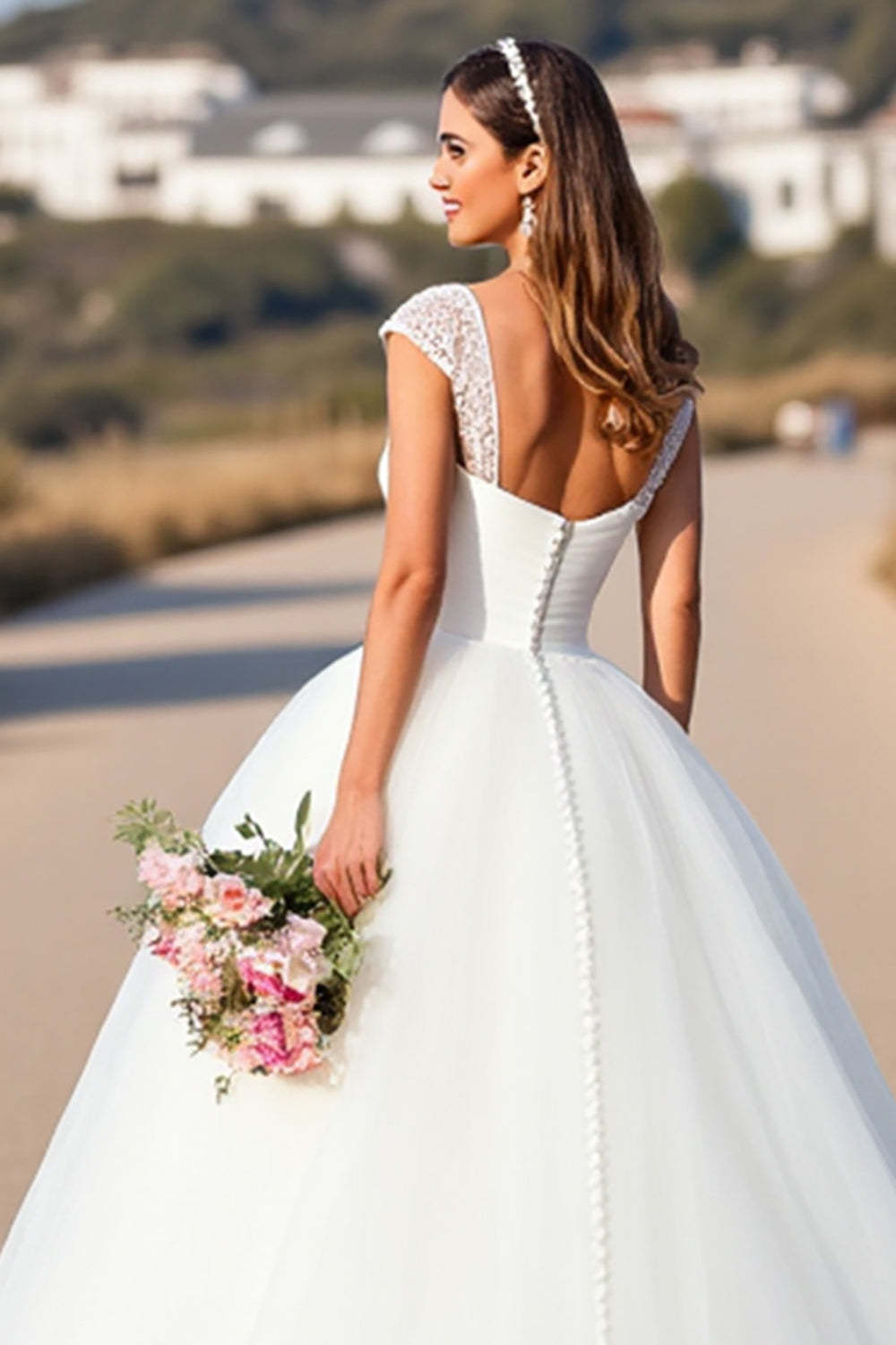 White V-Neck Ball Gown Sweep Train Wedding Dress with Lace