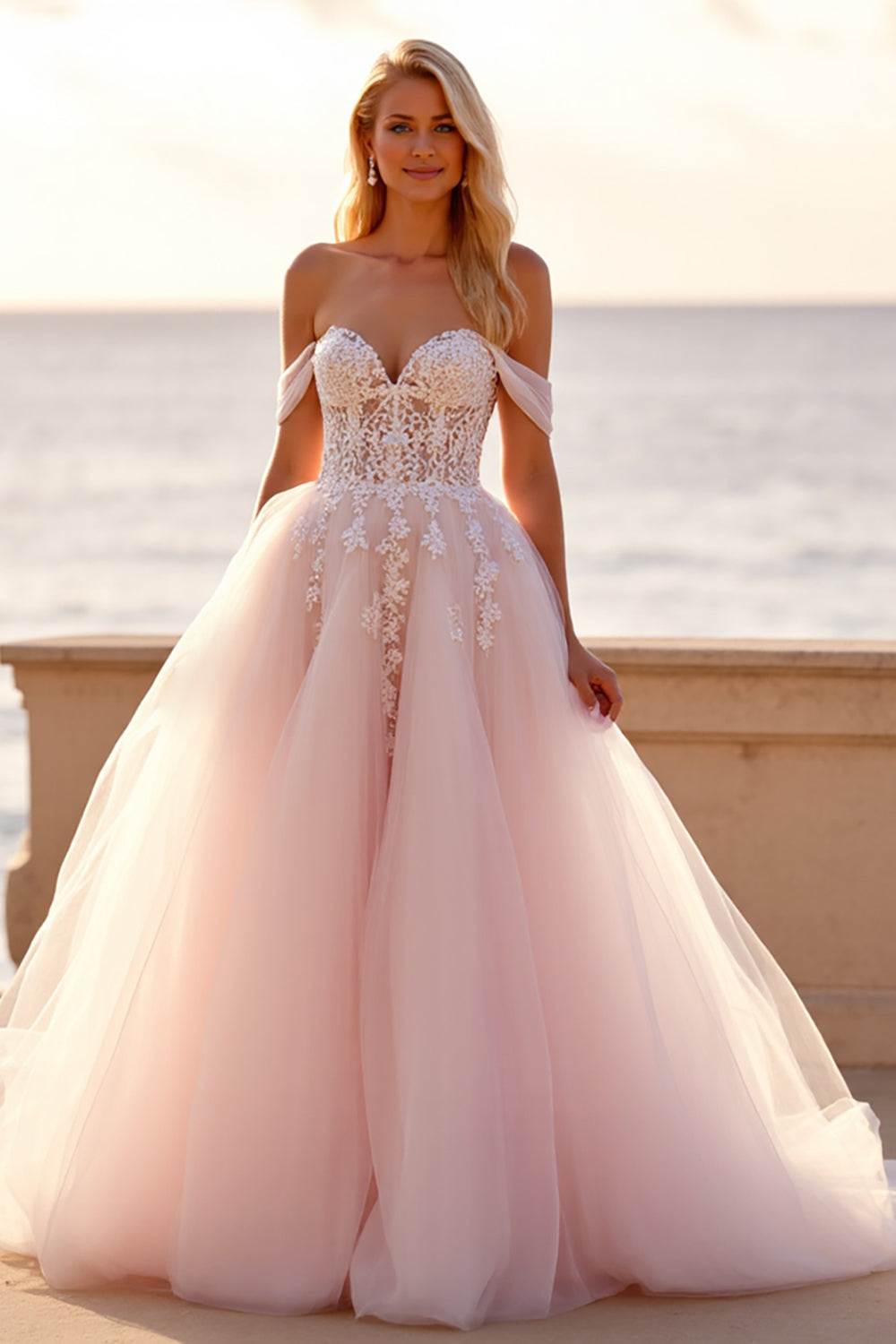 Leely Women Blush Ball Gown Wedding Dress with Appliques Off the Shoulder Tulle Sweep Train Bridal Dress
