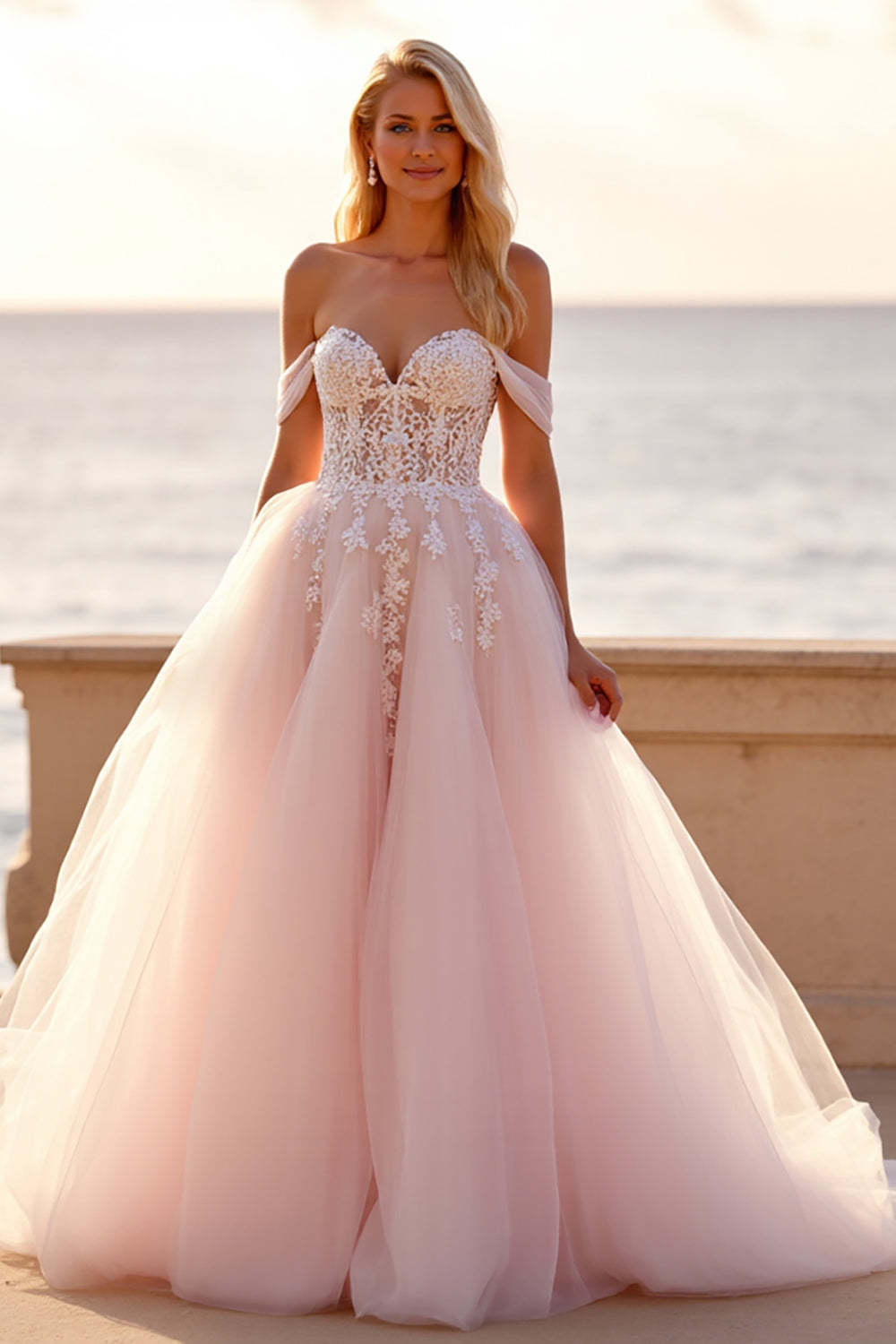 Leely Women Blush Ball Gown Wedding Dress with Appliques Off the Shoulder Tulle Sweep Train Bridal Dress