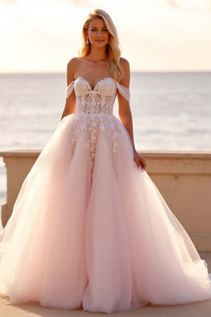 Leely Women Blush Ball Gown Wedding Dress with Appliques Off the Shoulder Tulle Sweep Train Bridal Dress
