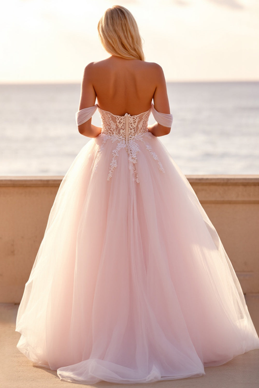 Tulle Ball Gown Blush Wedding Dress with Appliques