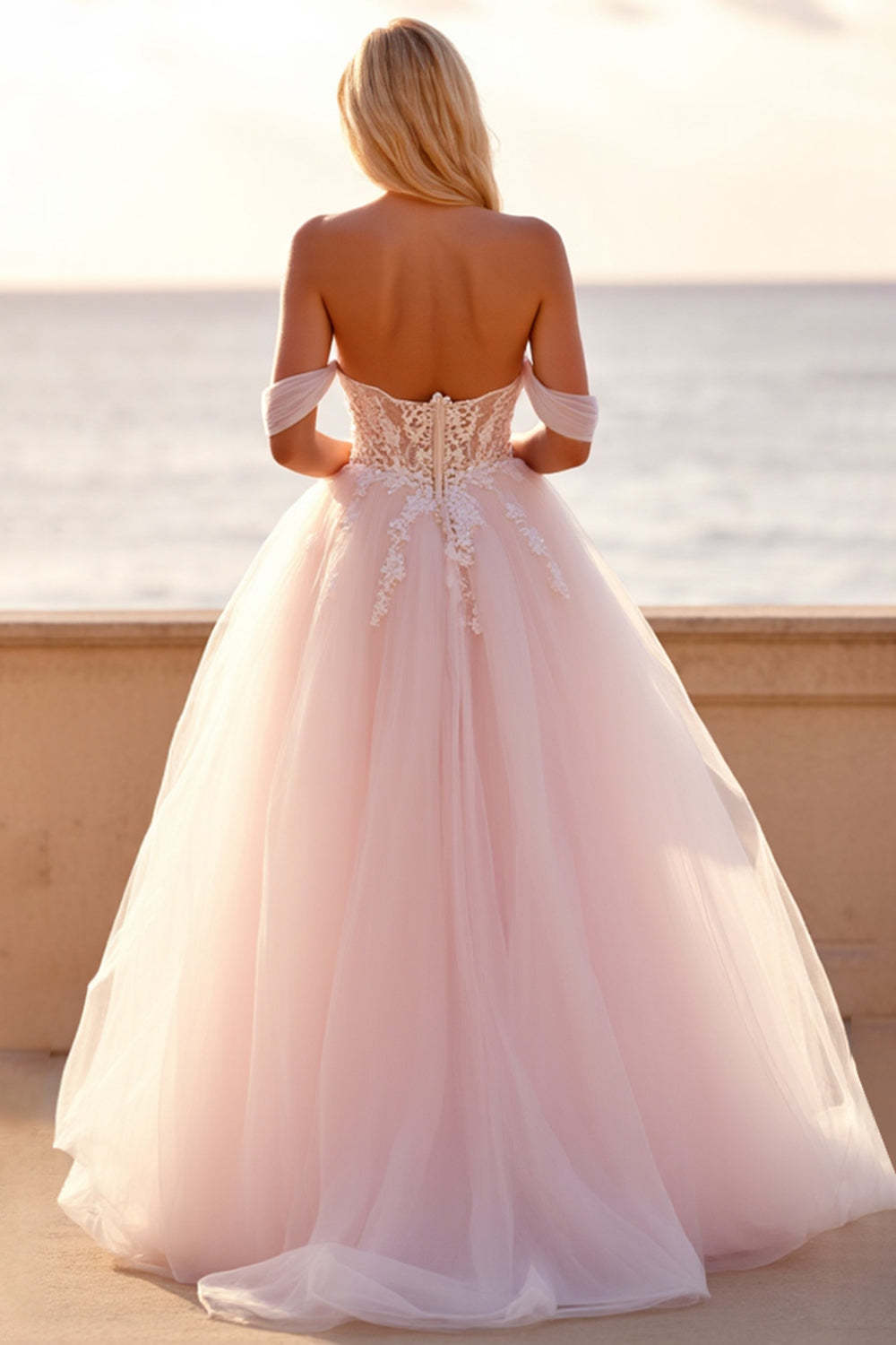 Tulle Ball Gown Blush Wedding Dress with Appliques