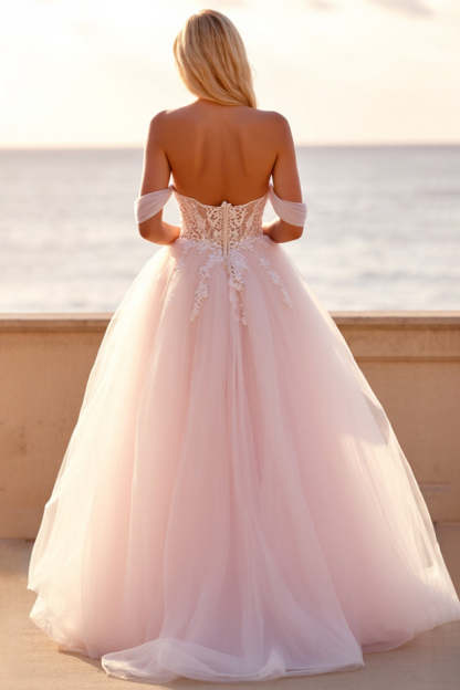 Tulle Ball Gown Blush Wedding Dress with Appliques
