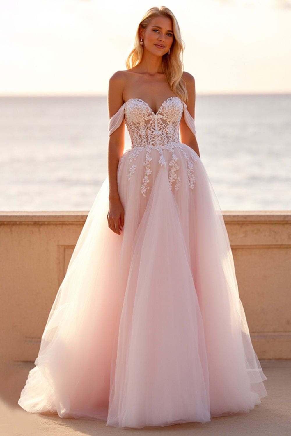 Tulle Ball Gown Blush Wedding Dress with Appliques