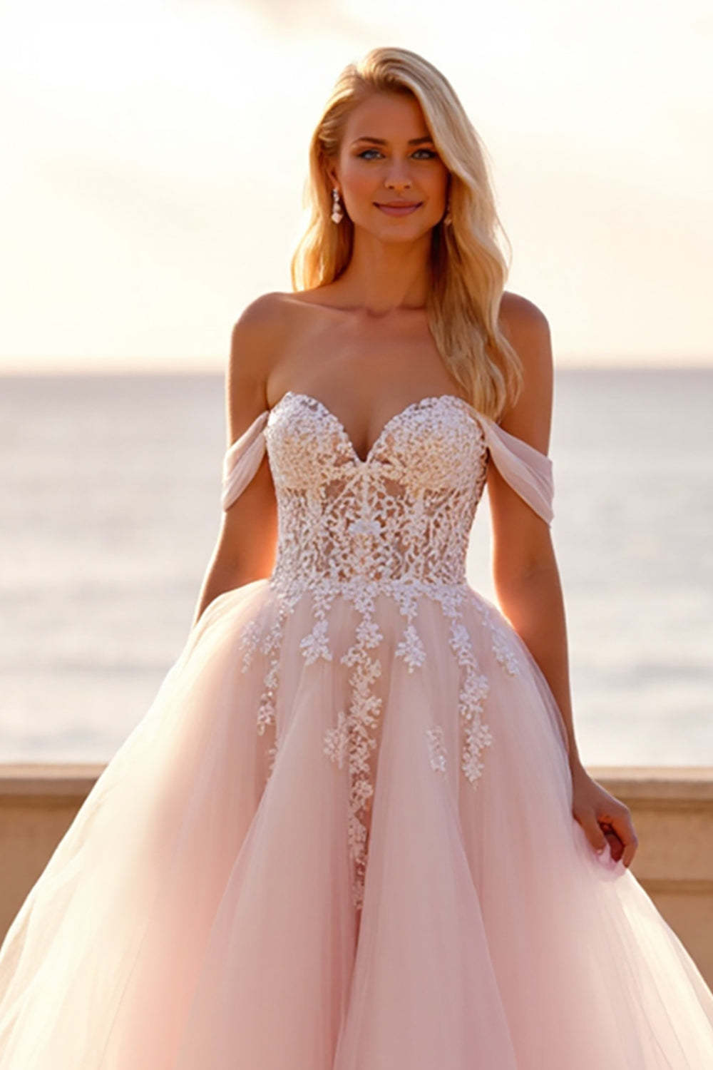 Tulle Ball Gown Blush Wedding Dress with Appliques