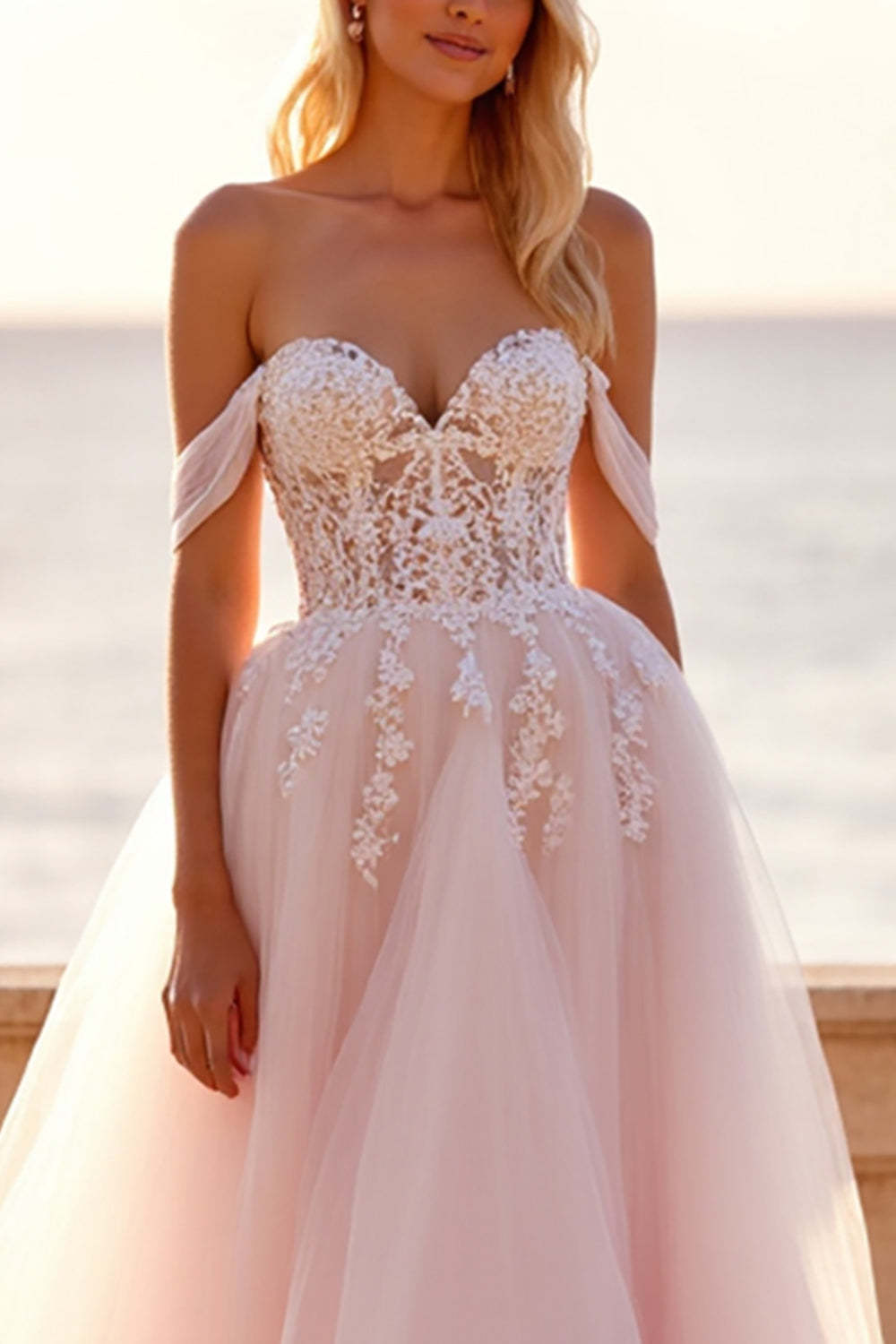 Tulle Ball Gown Blush Wedding Dress with Appliques
