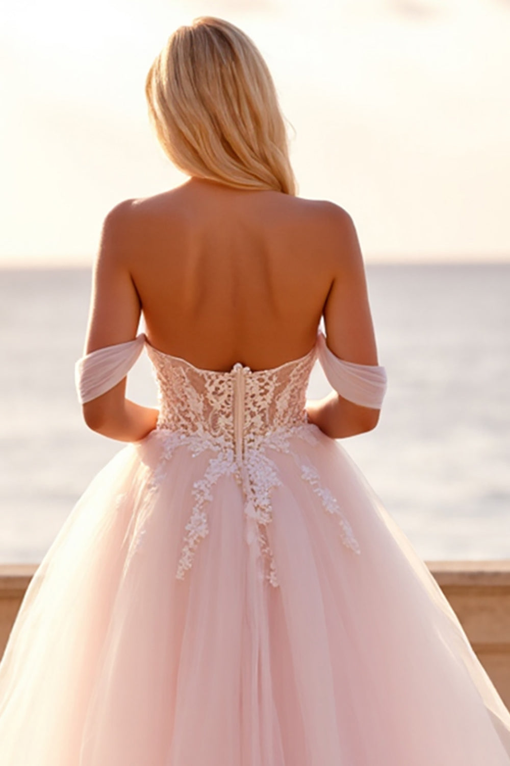 Tulle Ball Gown Blush Wedding Dress with Appliques