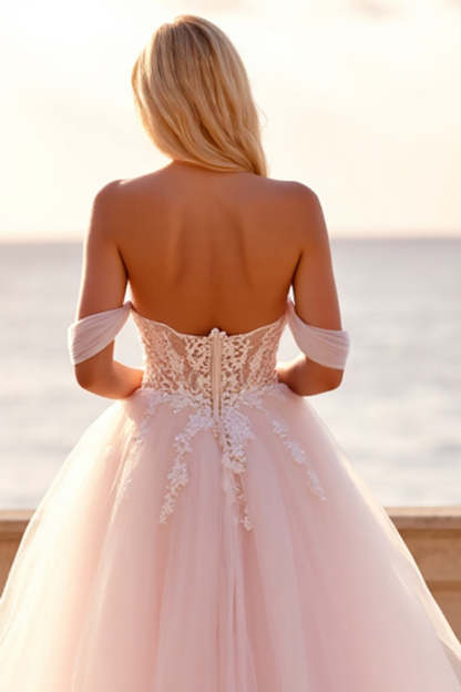 Tulle Ball Gown Blush Wedding Dress with Appliques