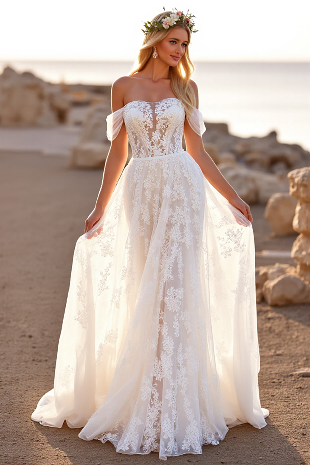 Leely Women White Lace Sweep Train Wedding Dress A Line Off the Shoulder Boho Bridal Dress