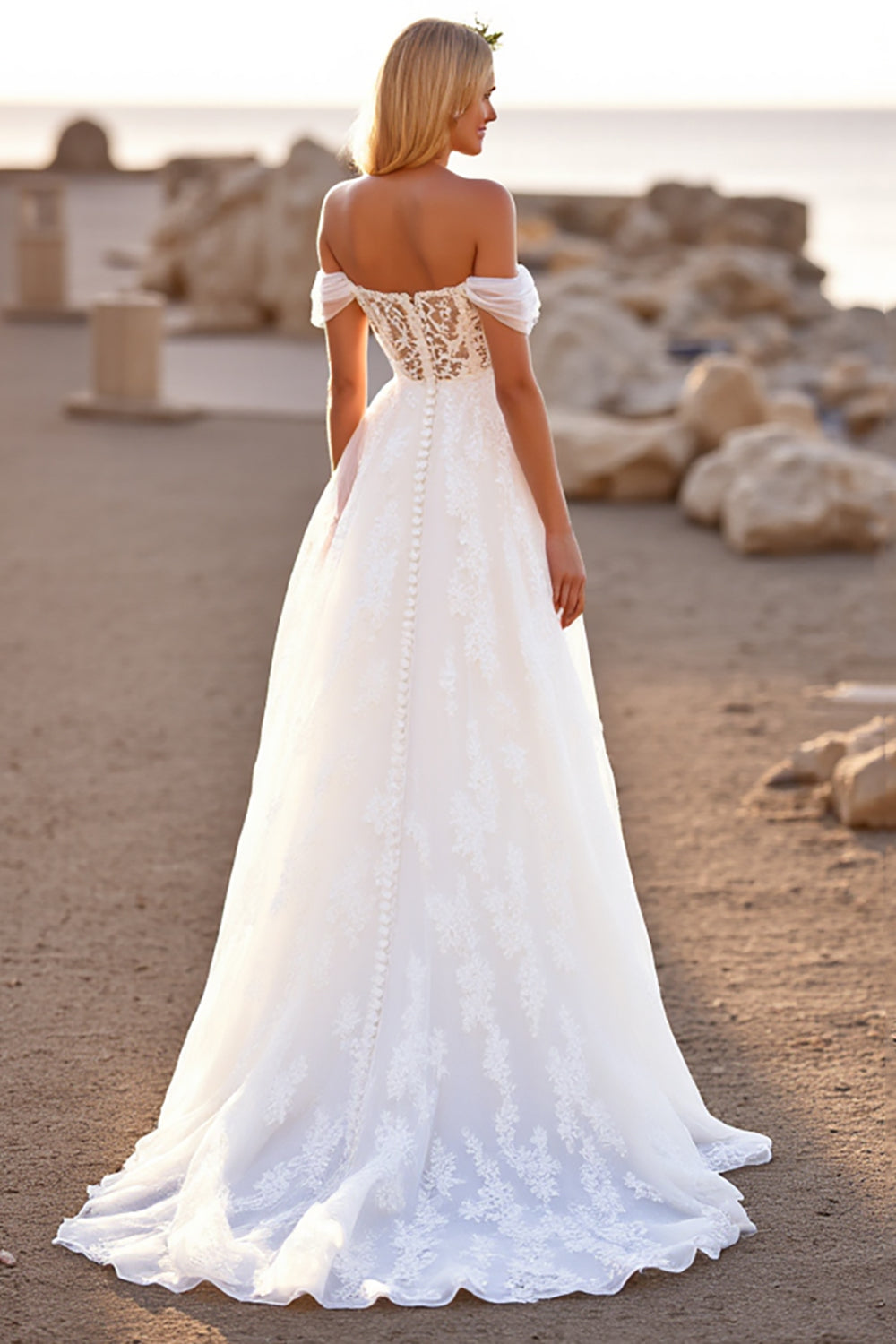 Lace A Line Off the Shoulder White Boho Sweep Train Wedding Dress
