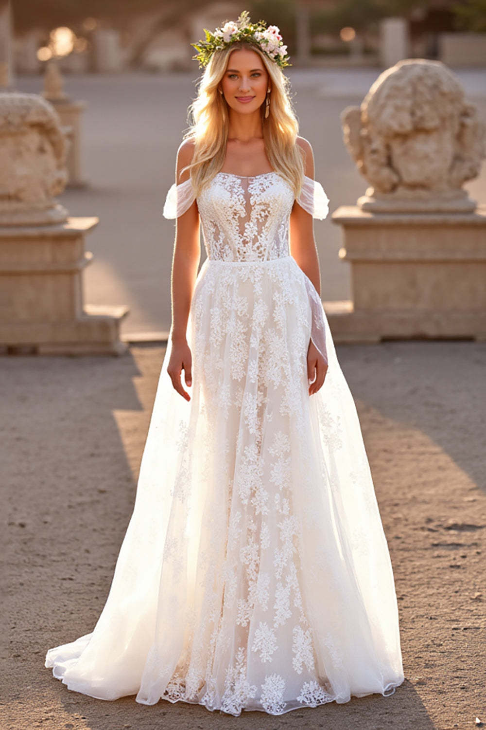 Lace A Line Off the Shoulder White Boho Sweep Train Wedding Dress
