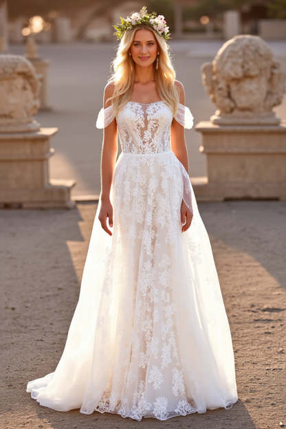 Lace A Line Off the Shoulder White Boho Sweep Train Wedding Dress