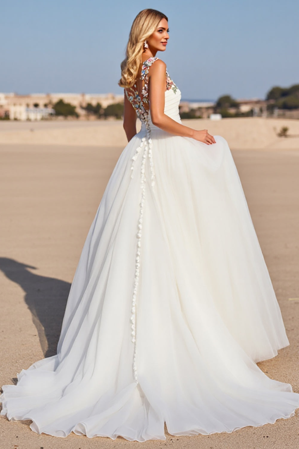 V-Neck White Floral Ball Gown Sweep Train Wedding Dress