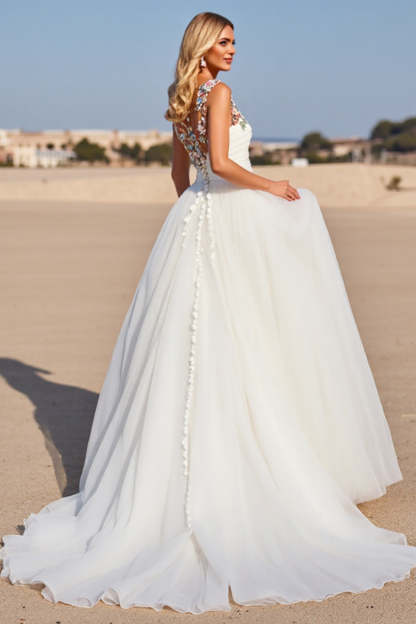 V-Neck White Floral Ball Gown Sweep Train Wedding Dress