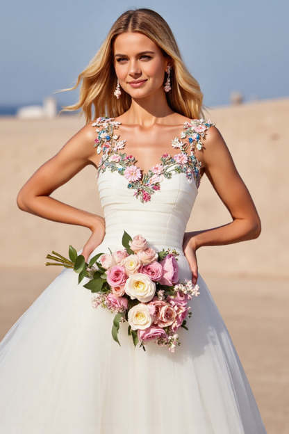 V-Neck White Floral Ball Gown Sweep Train Wedding Dress