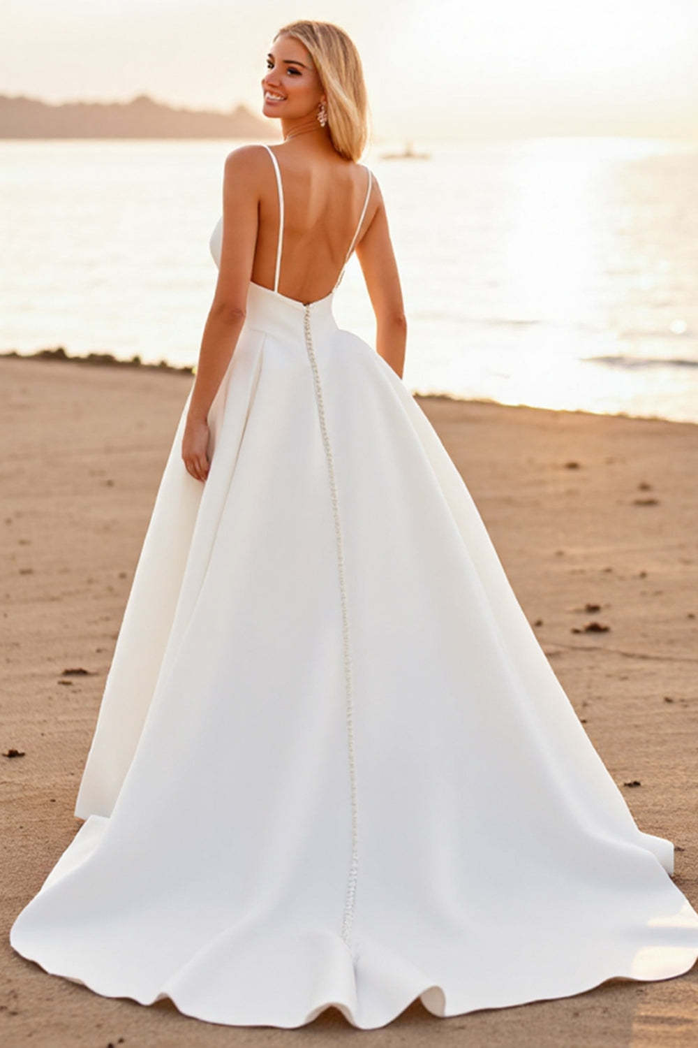 Spaghetti Straps A Line White Boho High-Low Wedding Dress