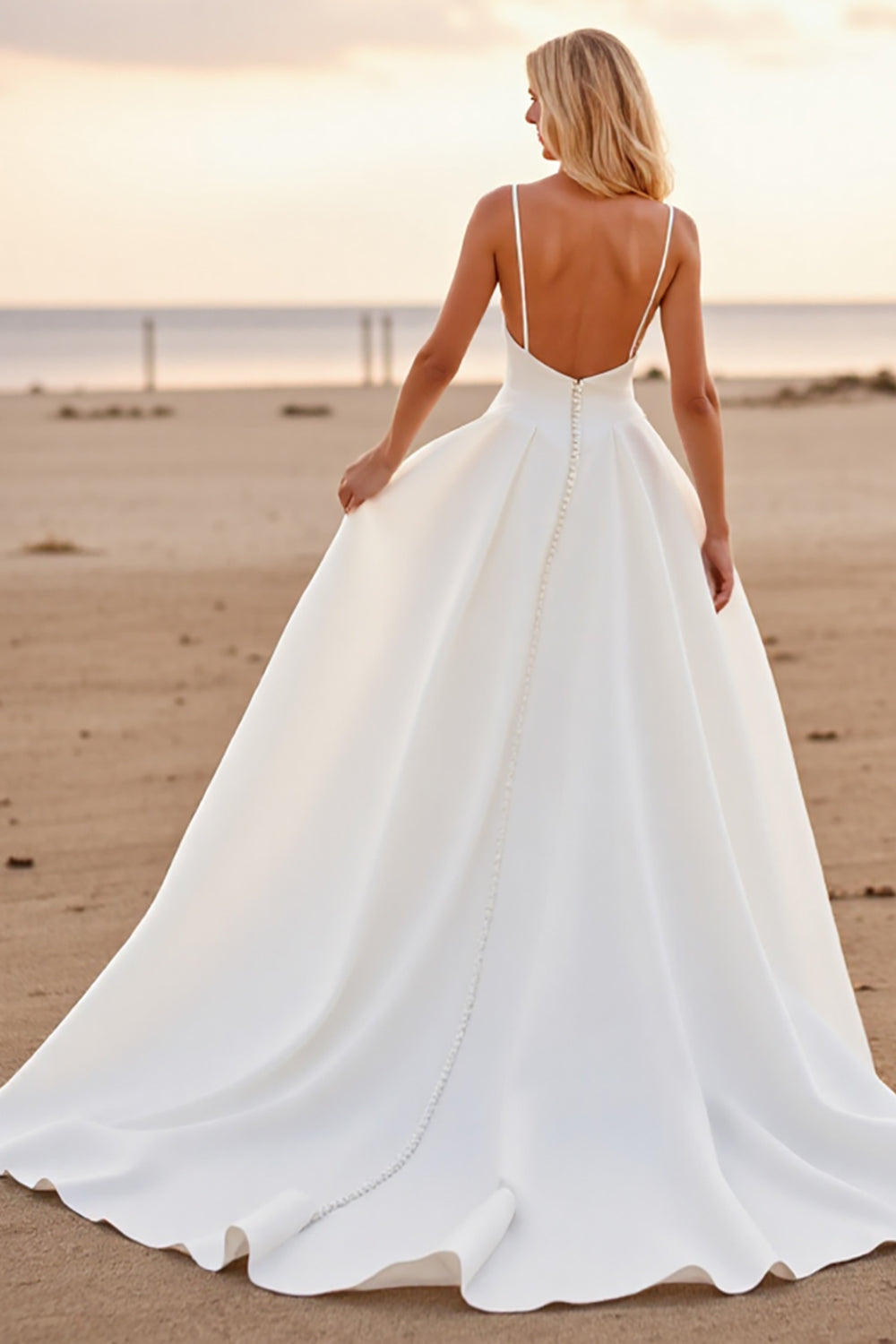 Spaghetti Straps A Line White Boho High-Low Wedding Dress