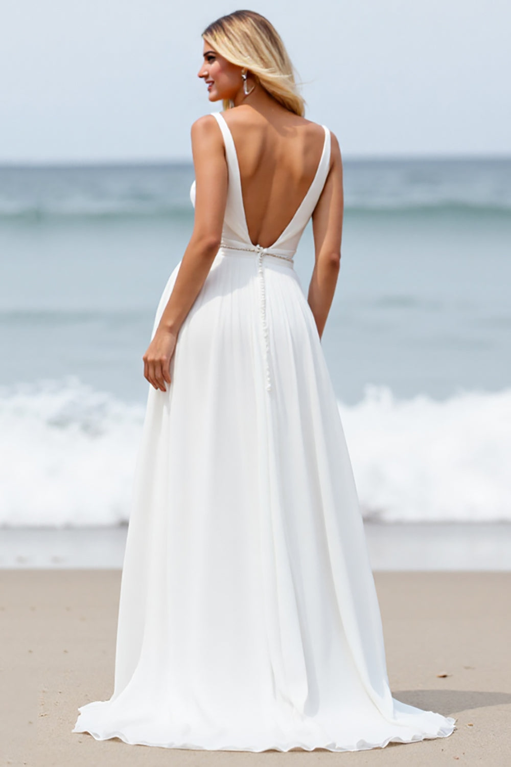 Chiffon White Sweep Train Boho Wedding Dress with Slit