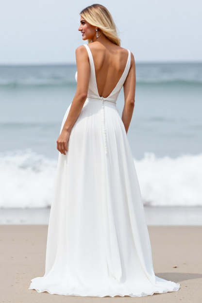 Chiffon White Sweep Train Boho Wedding Dress with Slit
