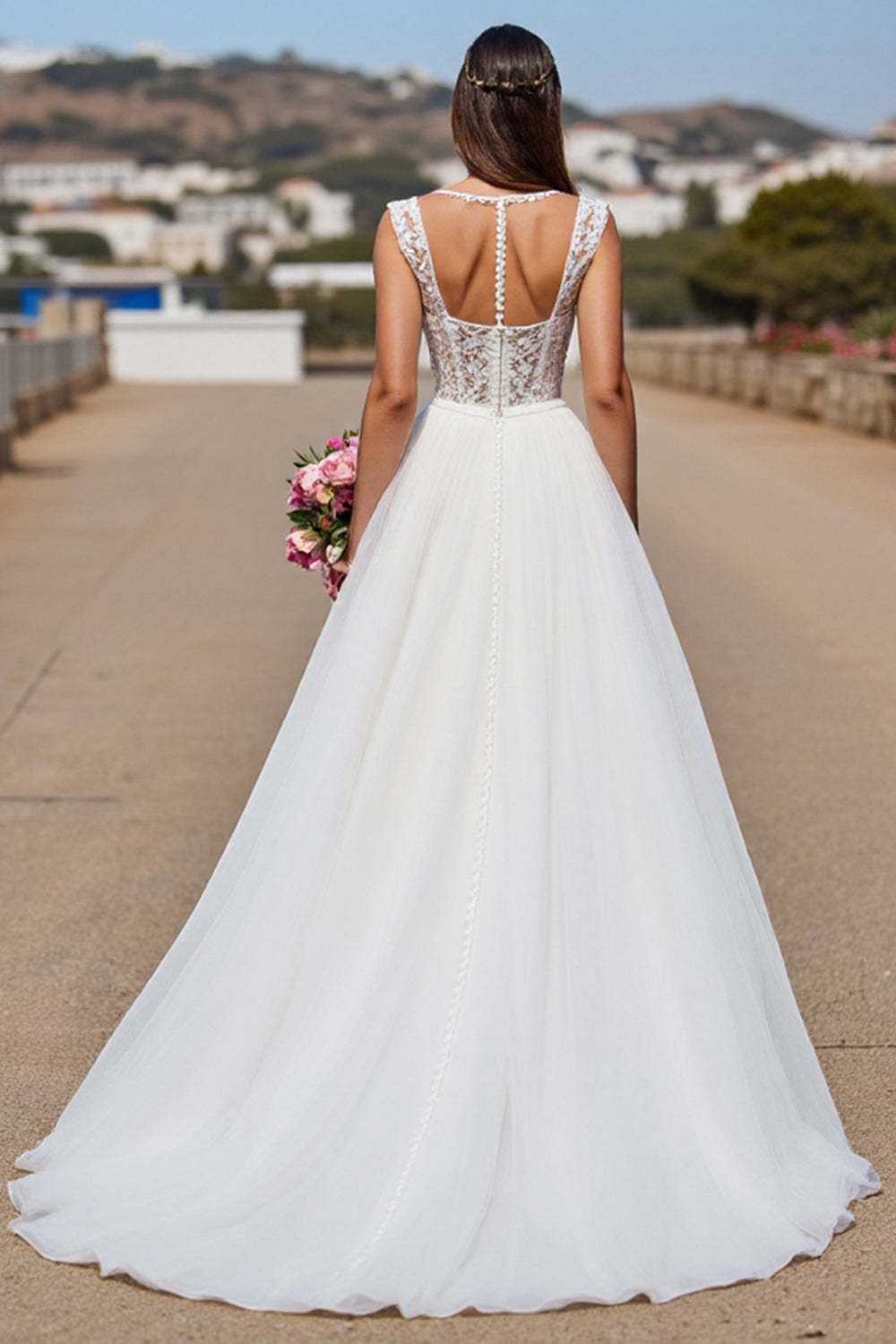 Illusion Back White Boho Sweep Train Wedding Dress with Lace