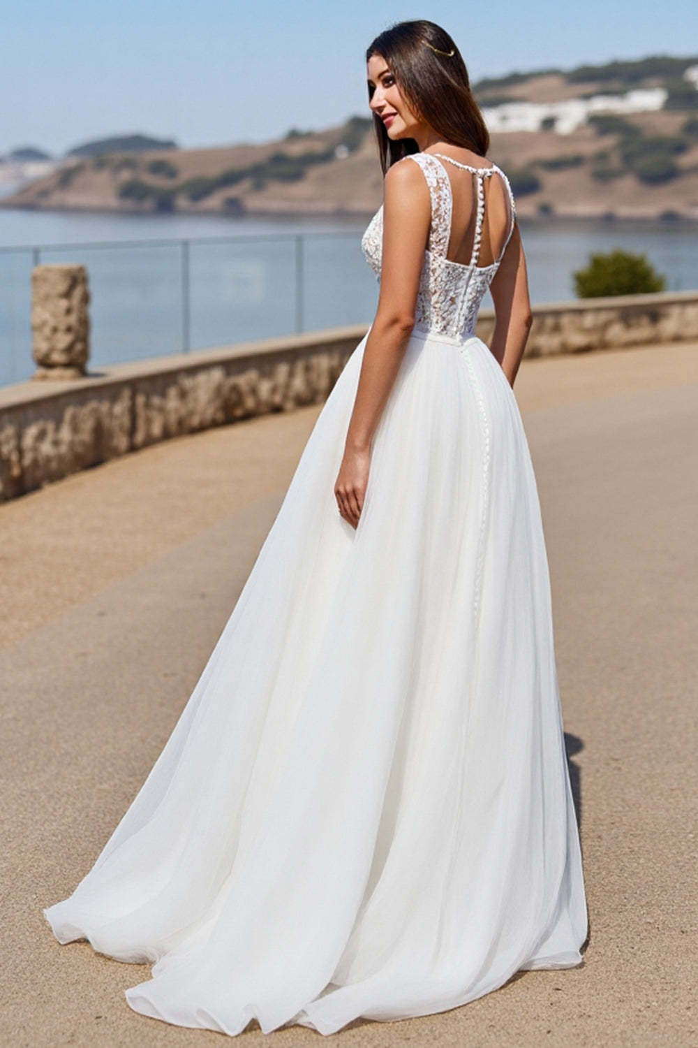 Illusion Back White Boho Sweep Train Wedding Dress with Lace