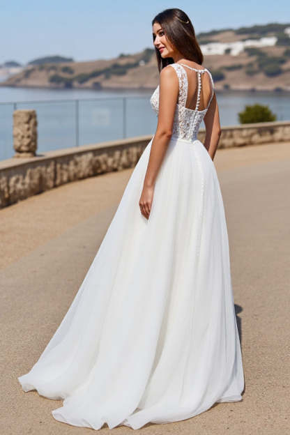 Illusion Back White Boho Sweep Train Wedding Dress with Lace