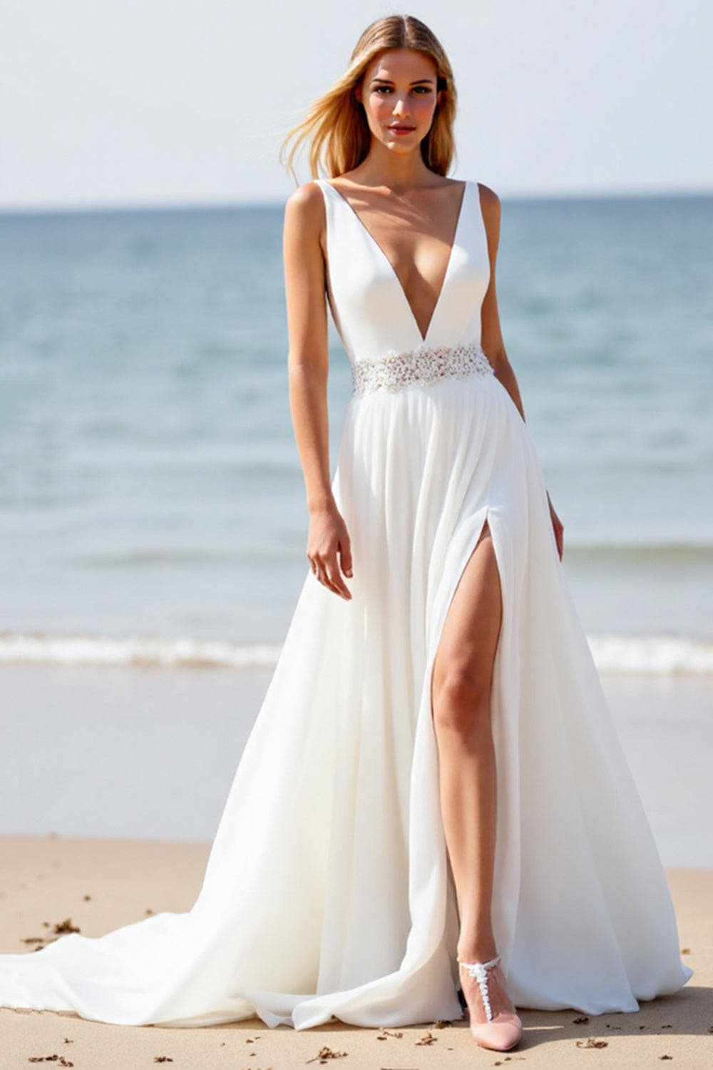 Deep V-Neck White Chiffon Boho Sweep Train Wedding Dress with Slit