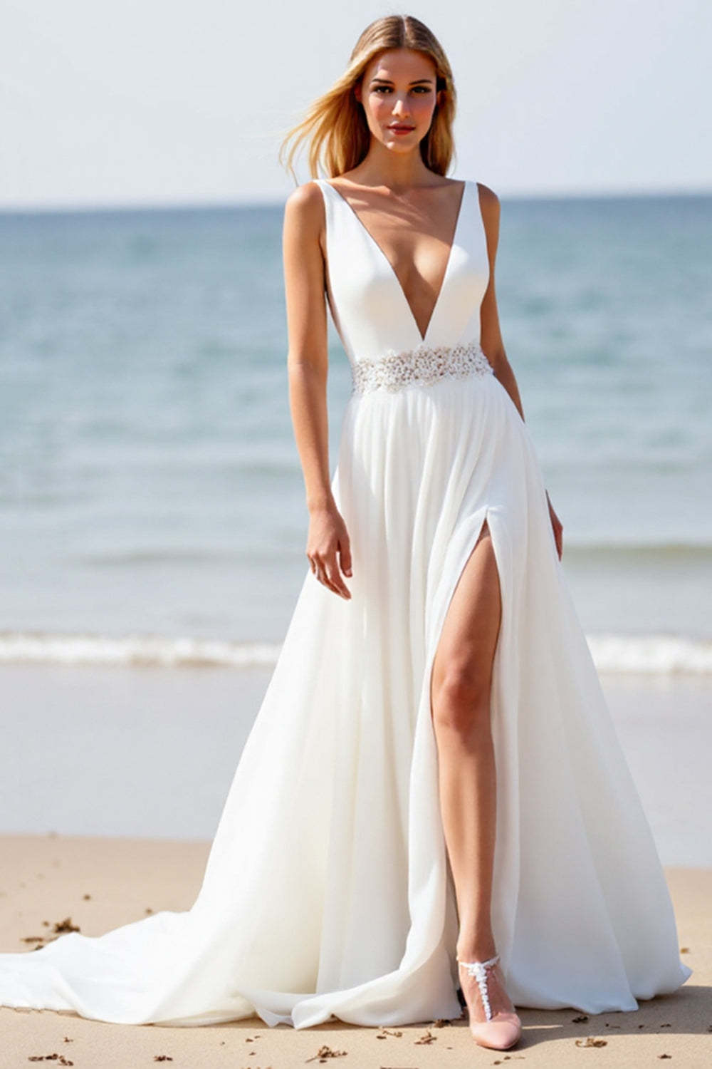 Deep V-Neck White Chiffon Boho Sweep Train Wedding Dress with Slit
